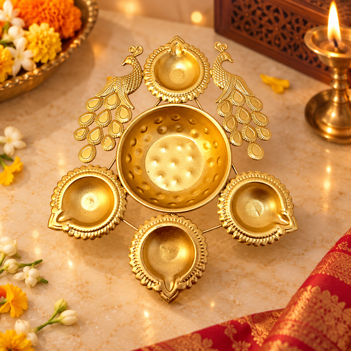 Peacock Urli Diya Set with 4 Diyas – Gold Tone Decorative Puja &amp; Diwali Centerpiece, 7.5 inches