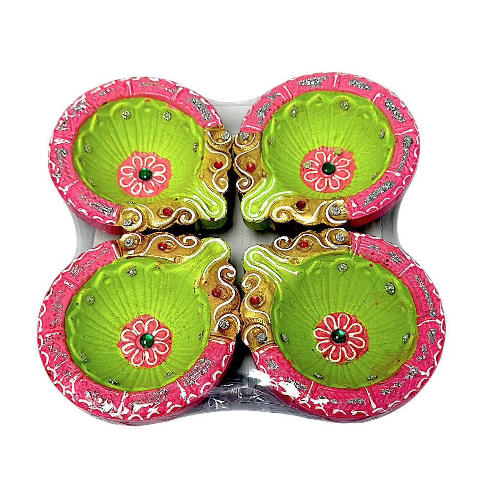 Colorful set of 4 Diyas, double Haathi