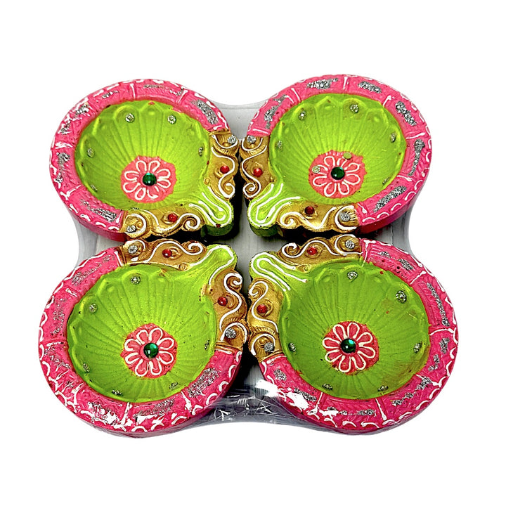 Colorful set of 4 Diyas, double Haathi