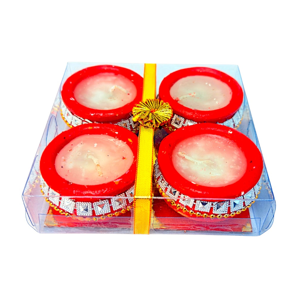 4 pack Diya with wax, gift pack, assorted colors