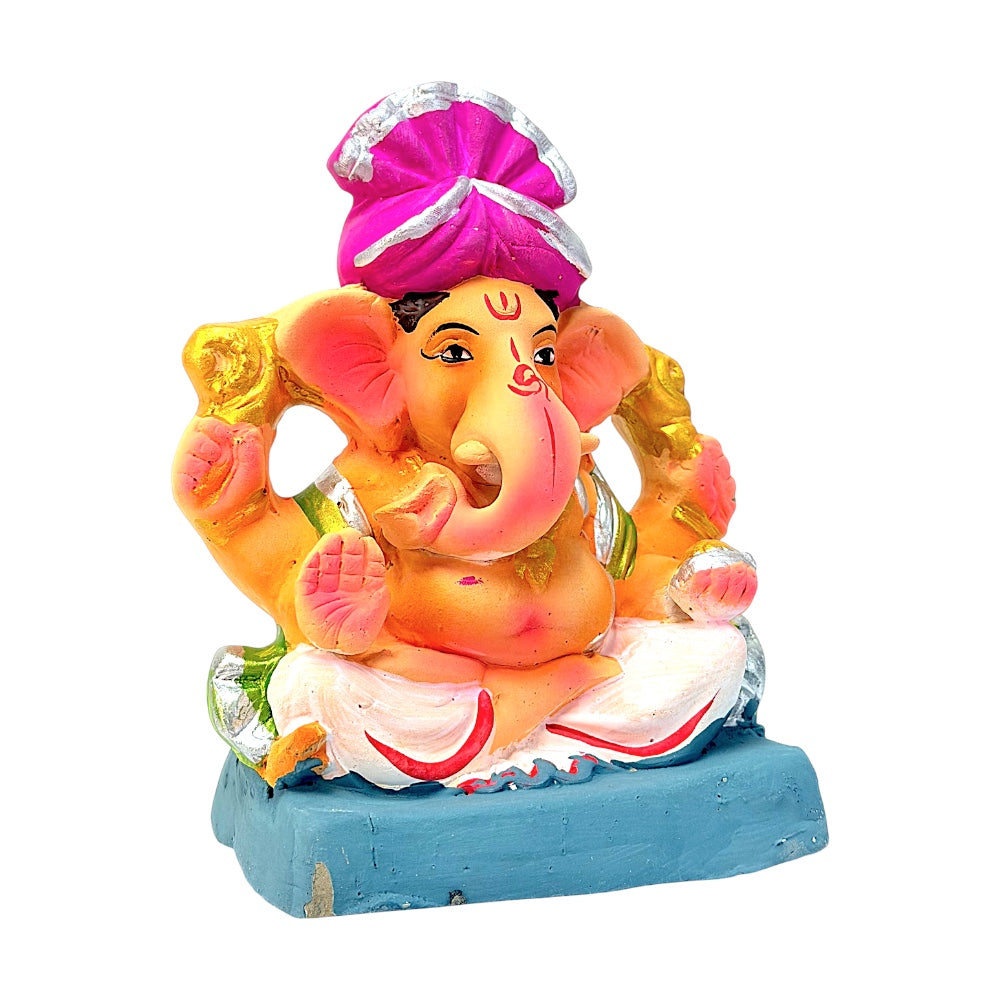 Eco Friendly Ganesha 6" — Clay Ganpati Murti with Peshwai Pagdi (colors may vary)
