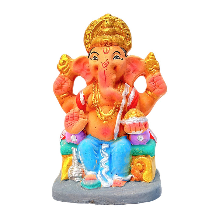 Eco Friendly Ganesha 6" — Clay Ganpati Murti Seated on Cushion Throne (Color combinations may vary)