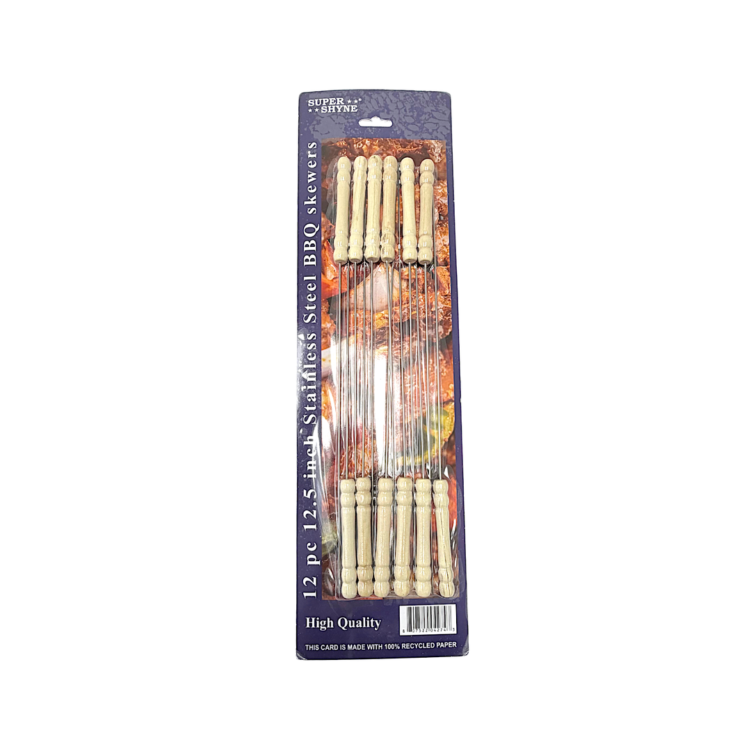 12 pc Stainless Steel BBQ Skewers, 12.5 Inch with Wooden Handle