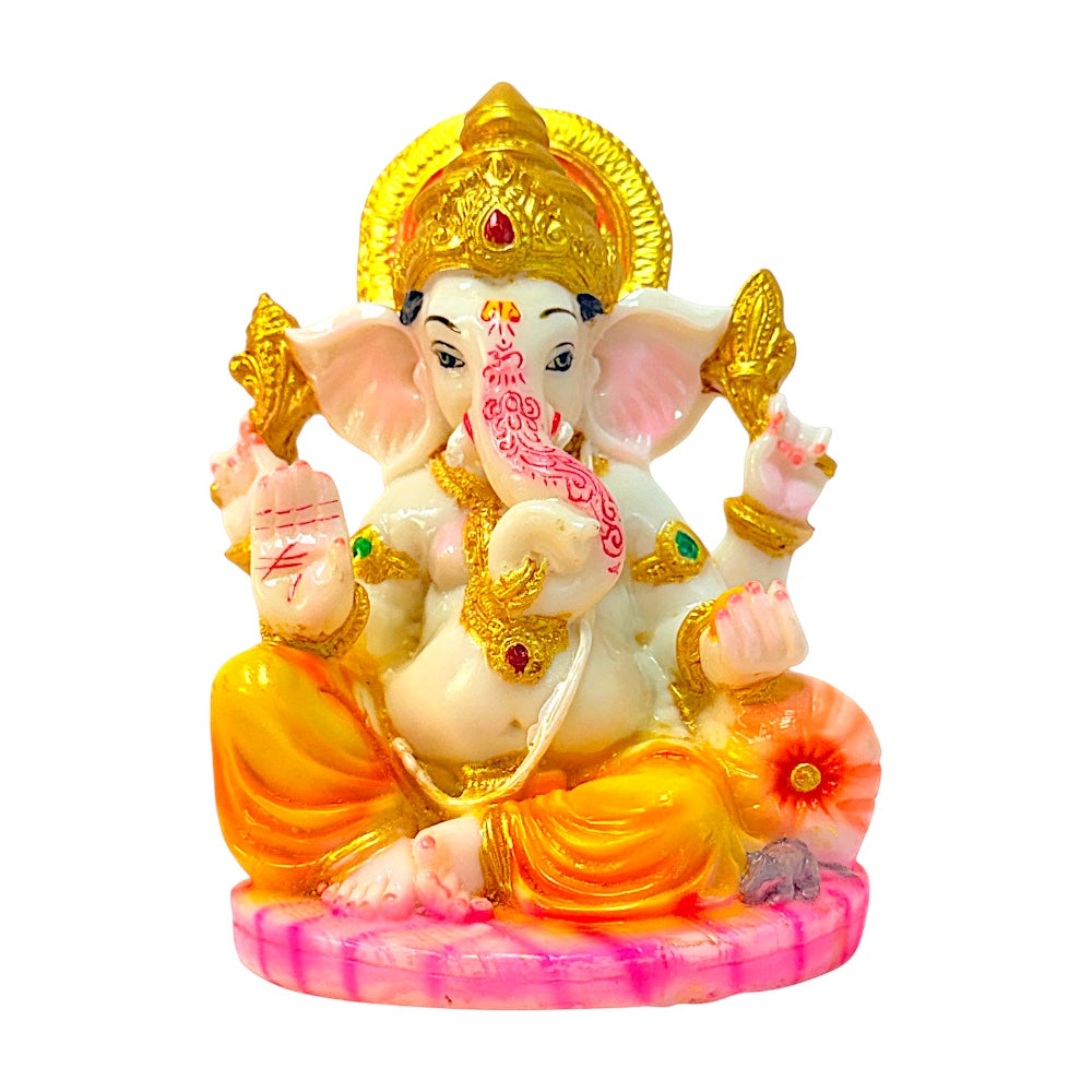 Lord Ganesha idol, marble dust colored and gold, 7 inches