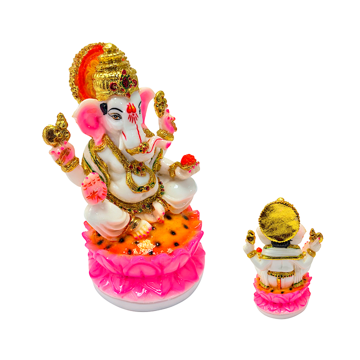 Lord Ganesha White and Gold, Colorful Marble Dust, 8 Inch Idol - view 2