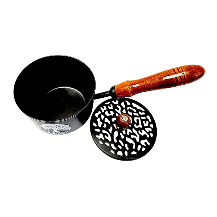 Tree of Life Iron Cauldron with Pierced Lid &amp; Wooden Handle | 4 Inch