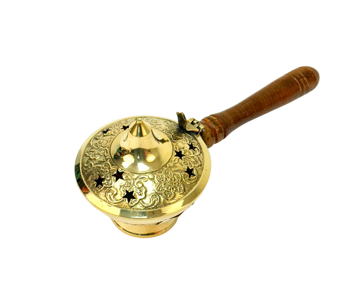 Traditional Brass Charcoal Incense Burner with Wooden Handle