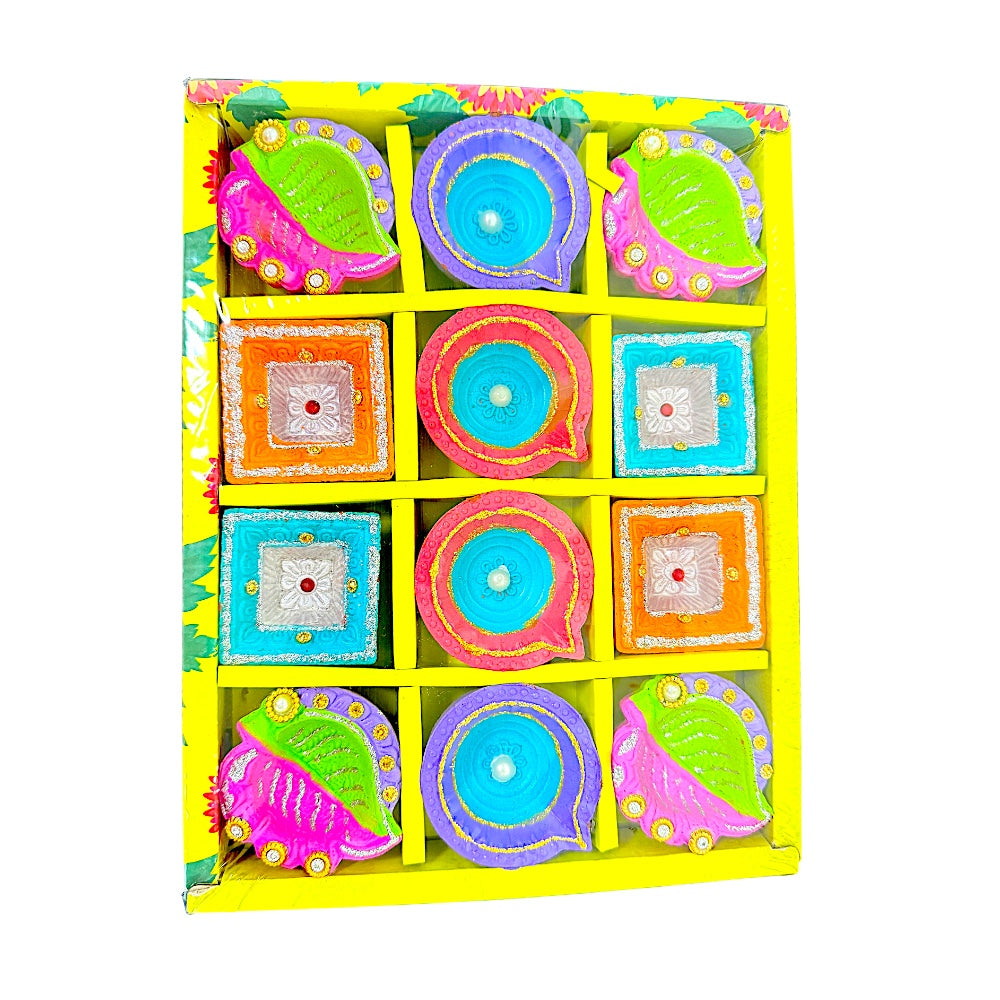 12 pc Deco Diya Box (Paan+HK+EkVat), colorful diyas