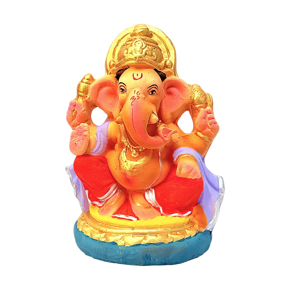 Eco Friendly Ganesha 8" — Clay Ganpati Murti in Saffron with Purple Shawl | Handmade