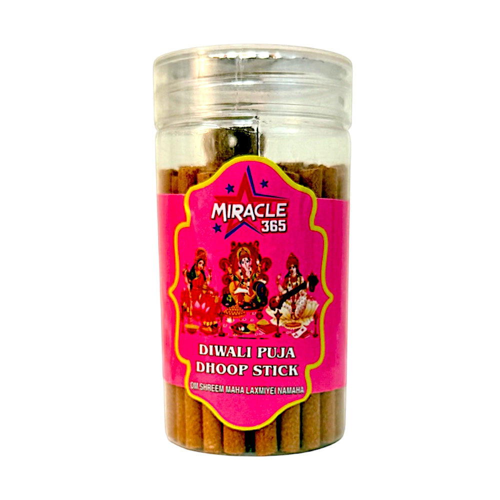Miracle 365 Diwali Puja Dhoop Sticks 100 g jar, front label with Lakshmi, Ganesha, and Saraswati