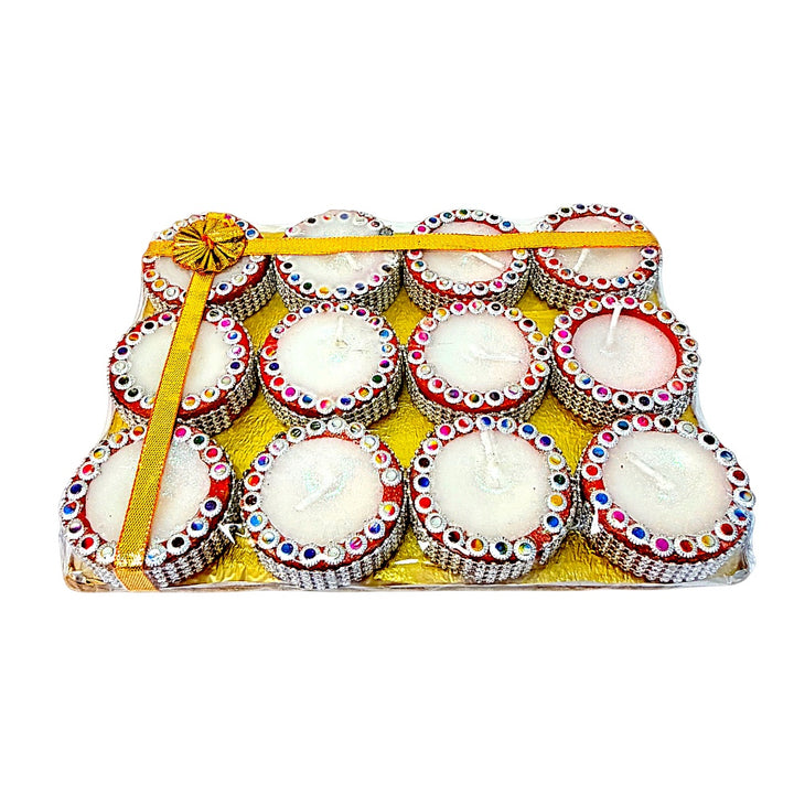 Rhinestone Clay Tealight Diyas with Wax, Set of 12 – Red with Silver Mesh Trim, Gold Base