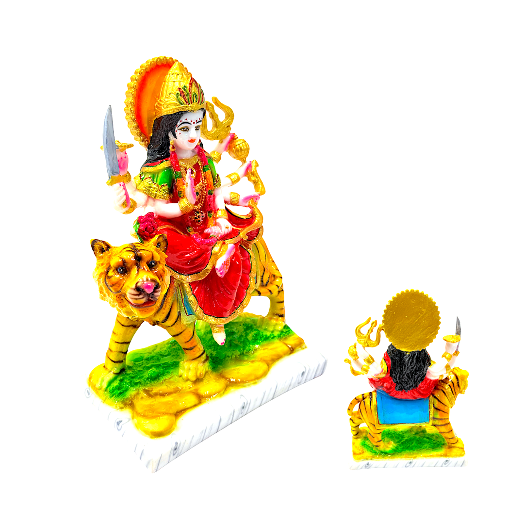 Goddess Durga Statue, Colorful Marble Dust, on Tiger 12 Inch - view 2