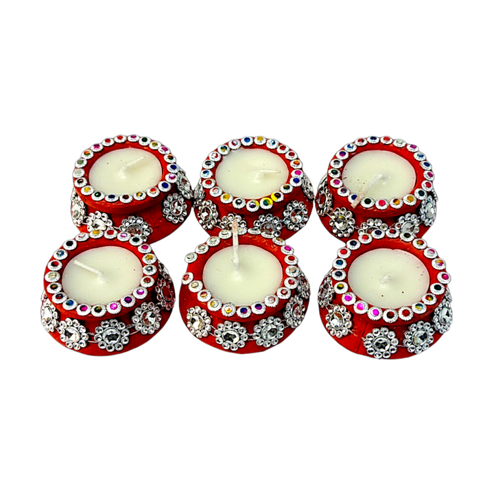Wax-Filled Clay Matki Diyas, Set of 6 – Rhinestone Studded, Gift Boxed (Assorted Colors)