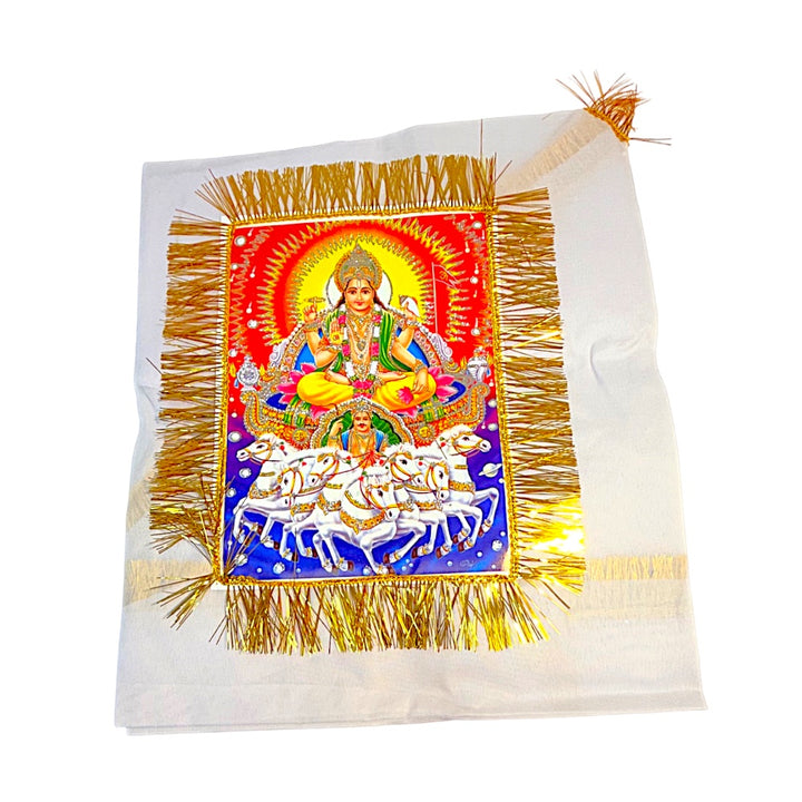 White Jhandi Flag with Surya — Devotional Prayer Flag with Gold Fringe | Surya Dev Jhandi for Mandir &amp; Outdoor Pole