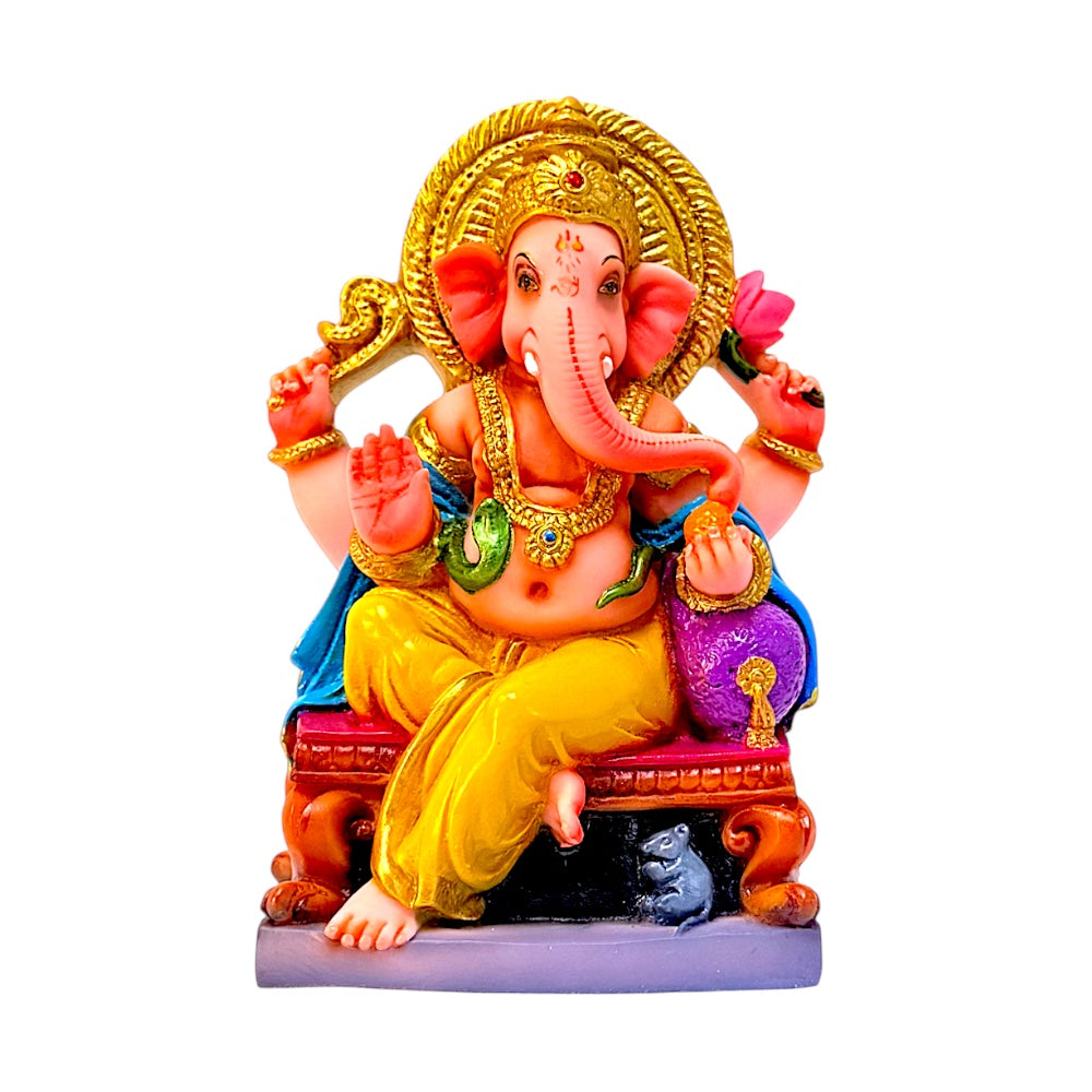 Lord Ganesha on throne, colored, 6 inches
