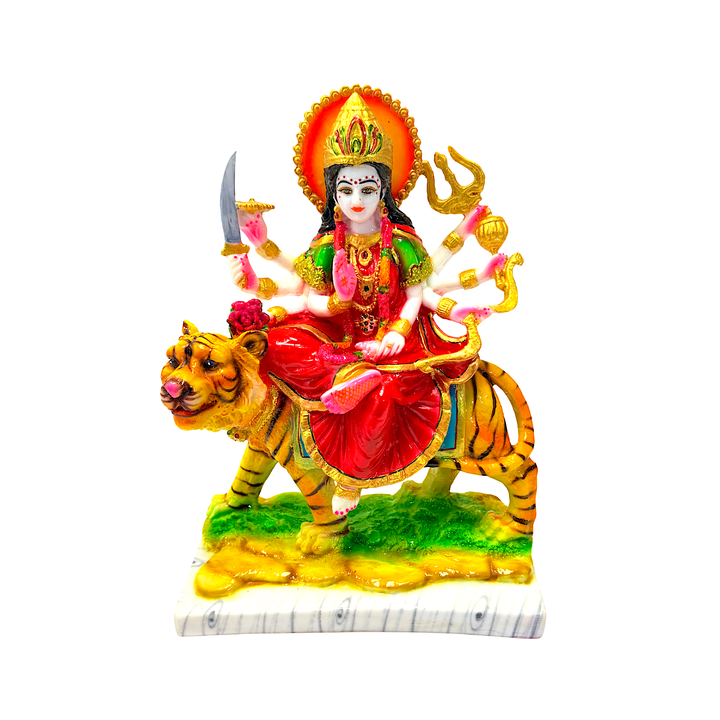 Goddess Durga Statue, Colorful Marble Dust, on Tiger 12 Inch