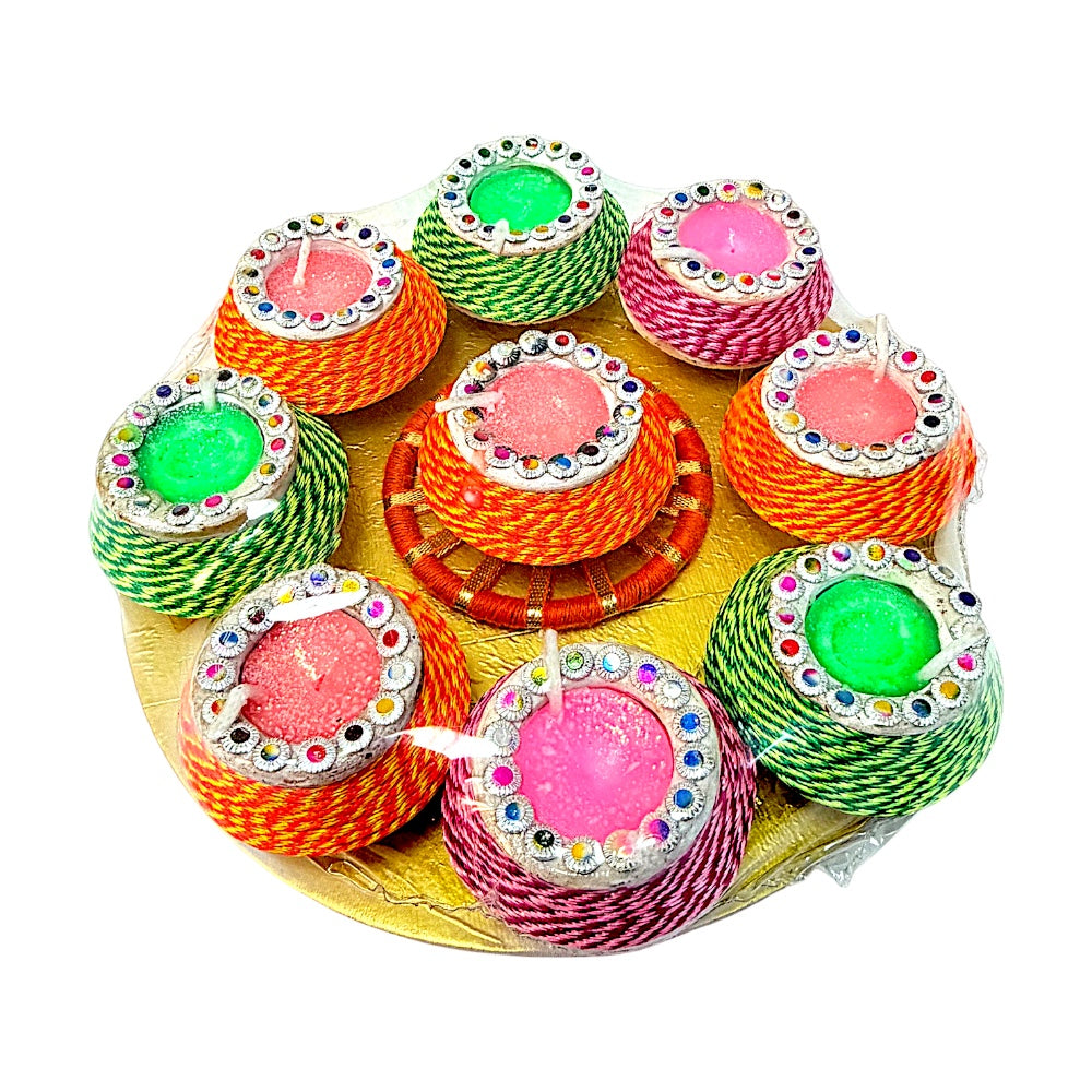 Thread-Wrapped Clay Matki Diyas with Rhinestone Rim &amp; Colored Wax, Set of 9 on Round Gold Tray – Assorted Colors