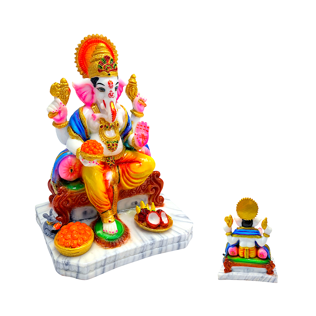 Lord Ganesha Statue, Colorful Marble Dust, on Throne, 10 Inch - view 2