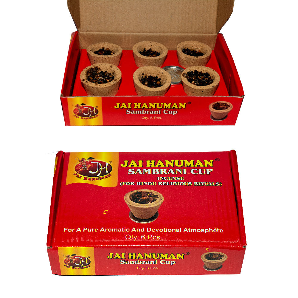 Jai Hanuman Sambrani Cup pack of 6, open box with metal holder and closed box front