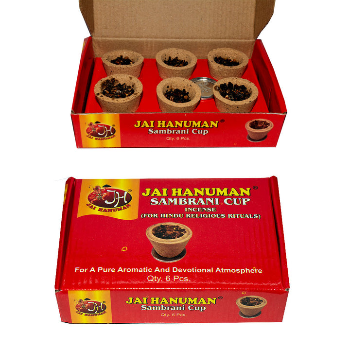Jai Hanuman Sambrani Cup pack of 6, open box with metal holder and closed box front