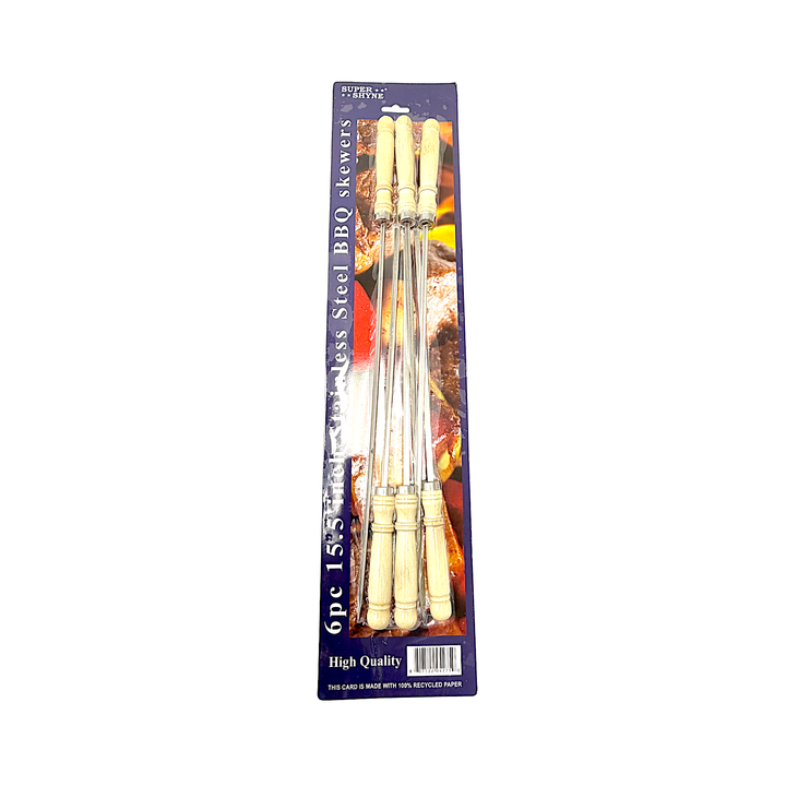 6 pc Stainless Steel BBQ Skewers, 15.5 Inch with Wooden Handle