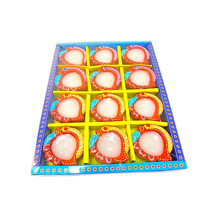 12 pc SD Diya Box with wax (PAAN), colorful diyas