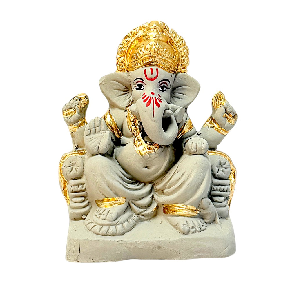 Eco Friendly Ganesha 4" — Natural Clay Ganpati Murti with Gold Accents | Shadu Mati Style