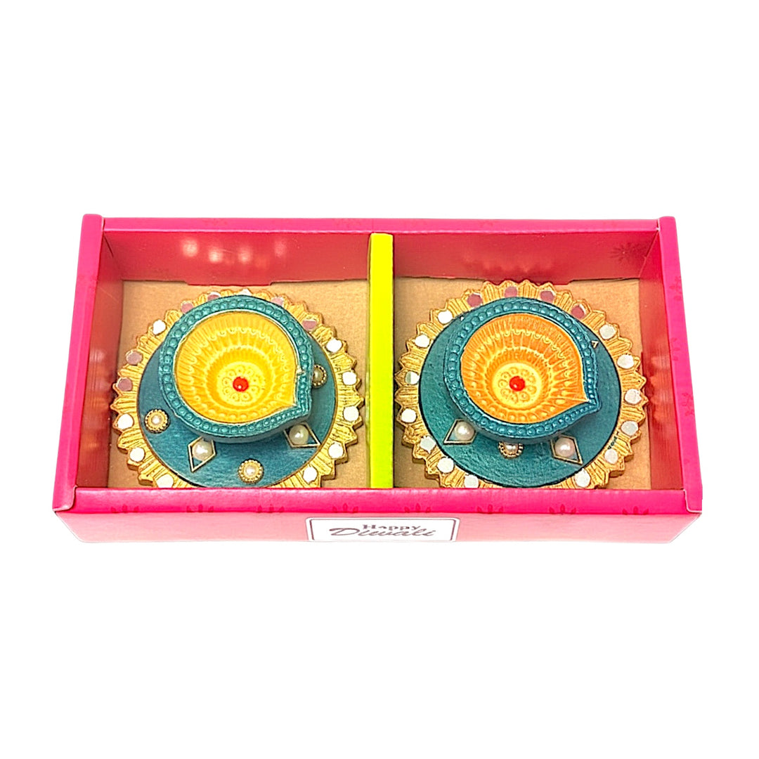 Saptarishi Decorative Diya (Pack of 2) – Handcrafted Terracotta Diyas with Mirror &amp; Pearl Work for Diwali &amp; Puja