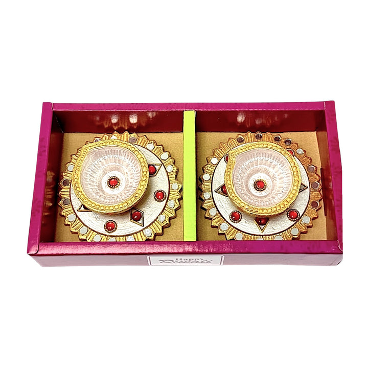 Saptarishi Decorative Diya (Pack of 2) – Handcrafted Terracotta Diyas with Mirror &amp; Pearl Work for Diwali &amp; Puja