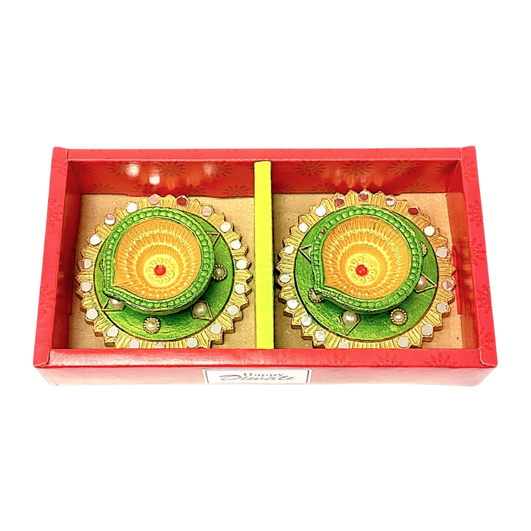 Saptarishi Decorative Diya (Pack of 2) – Handcrafted Terracotta Diyas with Mirror &amp; Pearl Work for Diwali &amp; Puja