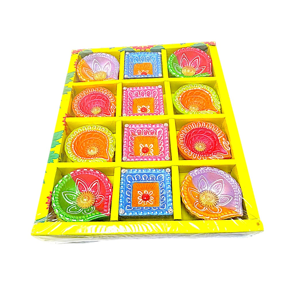 12 pc Deco Diya Box (Havan Kund+Star+Shree), colorful diyas