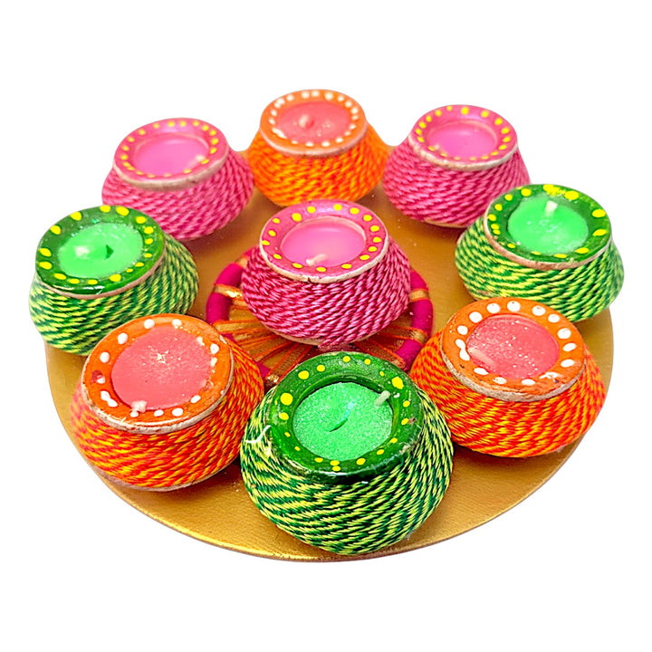 Thread-Wrapped Clay Matki Diyas with Colored Wax, Set of 9 on Round Gold Tray – Assorted Colors