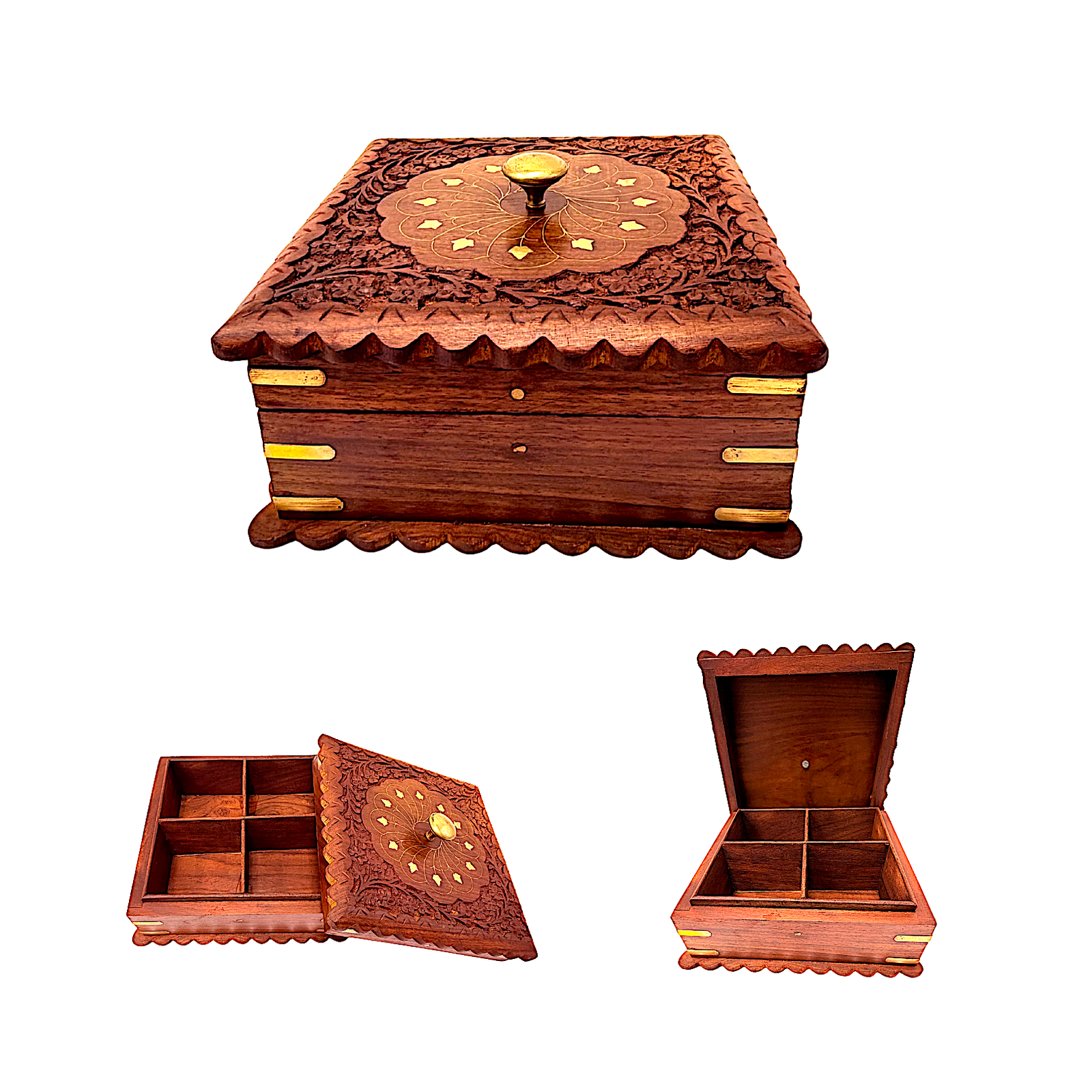 Wooden Jewel Box, 7 Inch Square with 4 Compartments - view 2