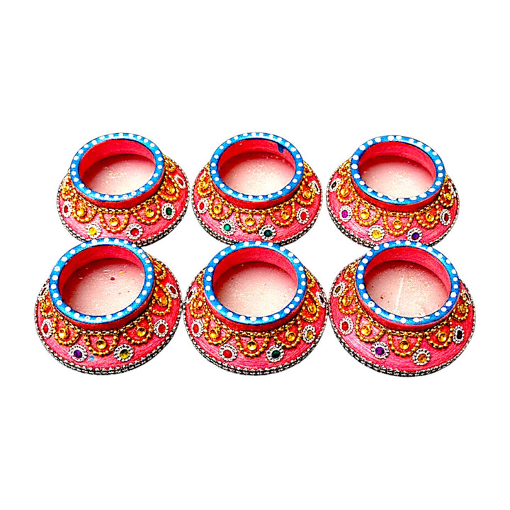 Kundan &amp; Bead Work Clay Matki Diyas with Glitter Wax, Set of 6 – Pink with Blue Rim, Gift Boxed