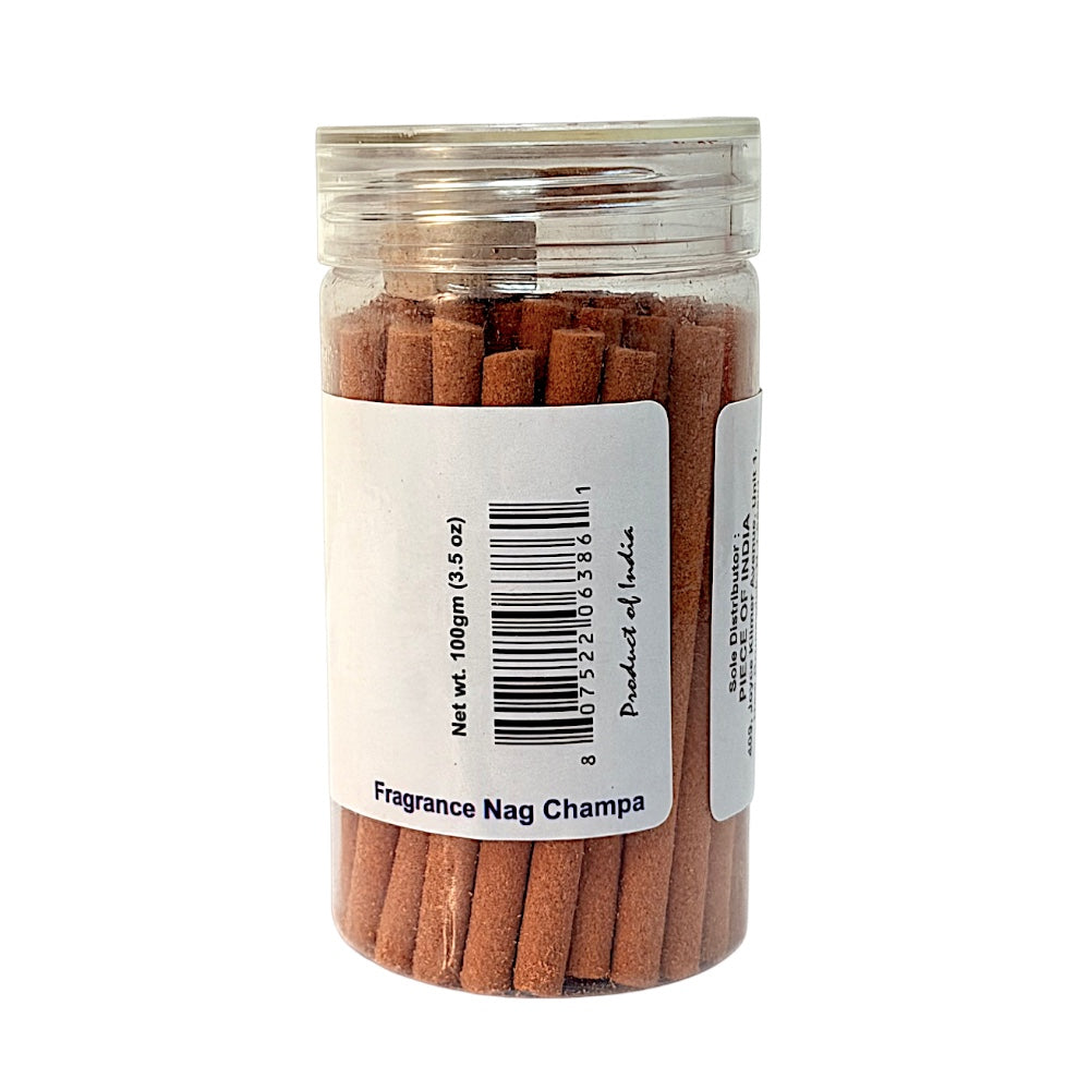 Brahma Vishnu Mahesh dhoop jar back label showing net weight 100 g and nag champa fragrance