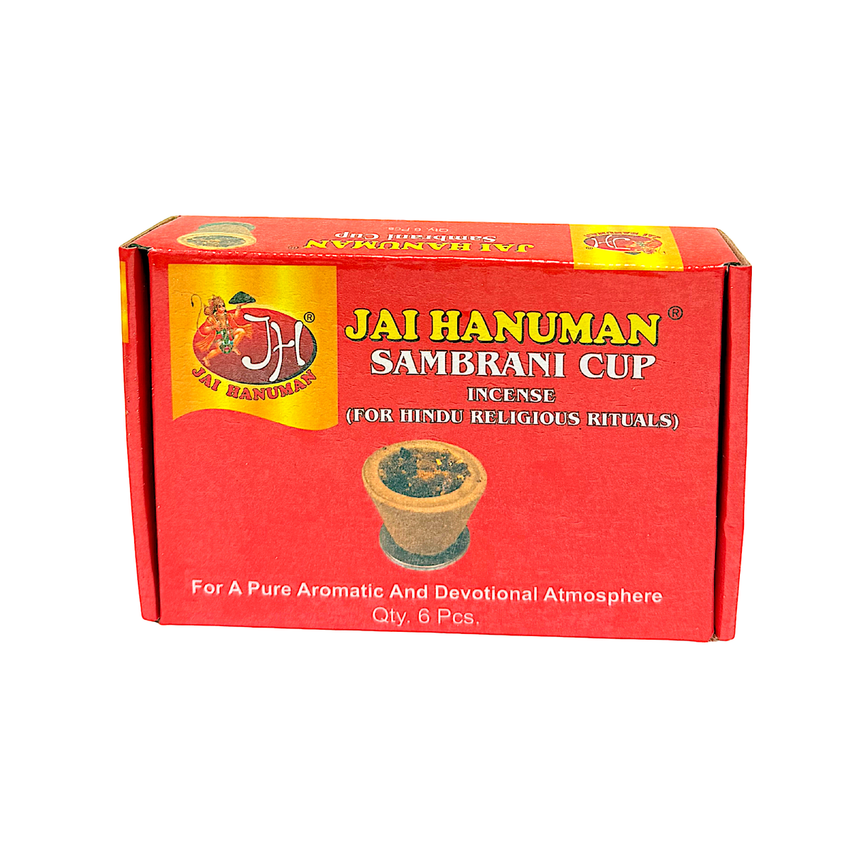 Jai Hanuman Sambrani Cup pack of 6, open box with metal holder and closed box front
