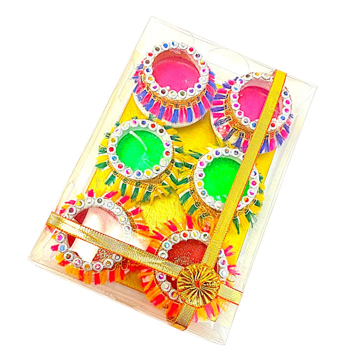 Tassel-Fringe Clay Matki Diyas with Colored Wax, Set of 6 – Rhinestone &amp; Gota Trim, Assorted Colors