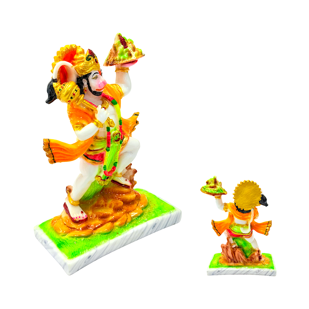 Lord Hanuman with Mountain, Colorful Marble Dust, 9 Inch Idol - view 2