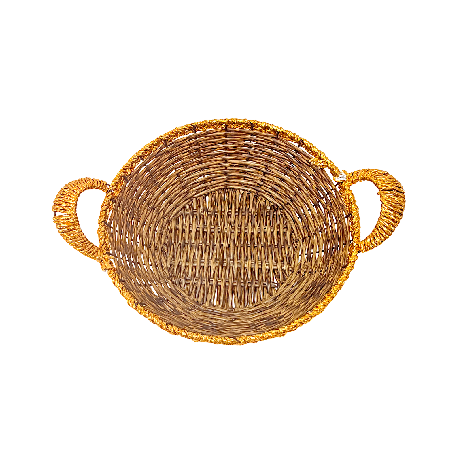Mkaurs Round Woven Brown with Golden Rim Wicker Basket with Gold Handles