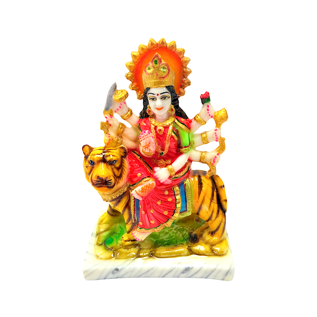 Goddess Durga on Tiger, Colorful Marble Dust, 7 Inch Idol
