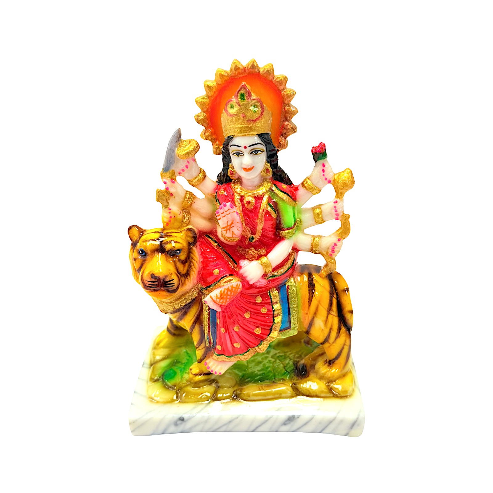 Goddess Durga on Tiger, Colorful Marble Dust, 7 Inch Idol