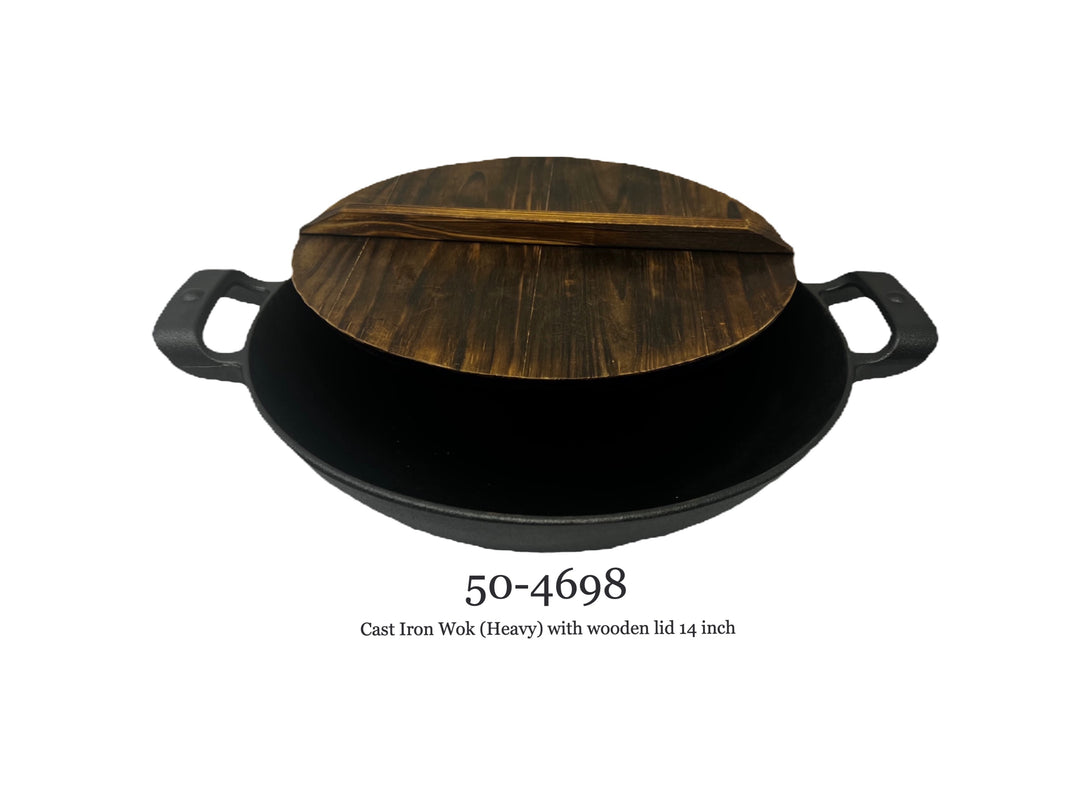 Cast Iron Wok (Heavy) 14 Inch with Wooden Lid