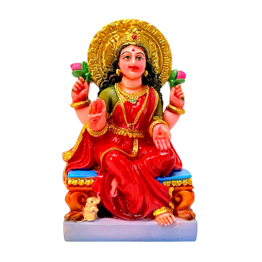 Laxmi on throne, colored, 6 inches