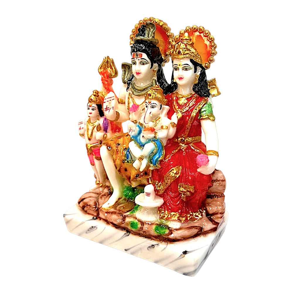 Lord Shiva family, colorful marble dust,  8 inchesShiv Parivar Idol, 8 Inch – Hand-Painted Marble Dust Statue of Shiva, Parvati, Ganesha &amp; Kartikeya