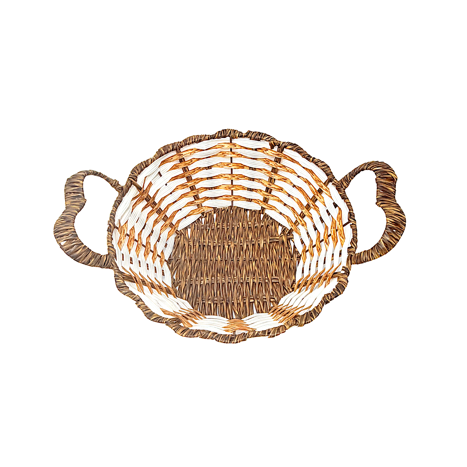 Mkaurs Round Woven Offwhite and Brown Wicker Basket with Handles
