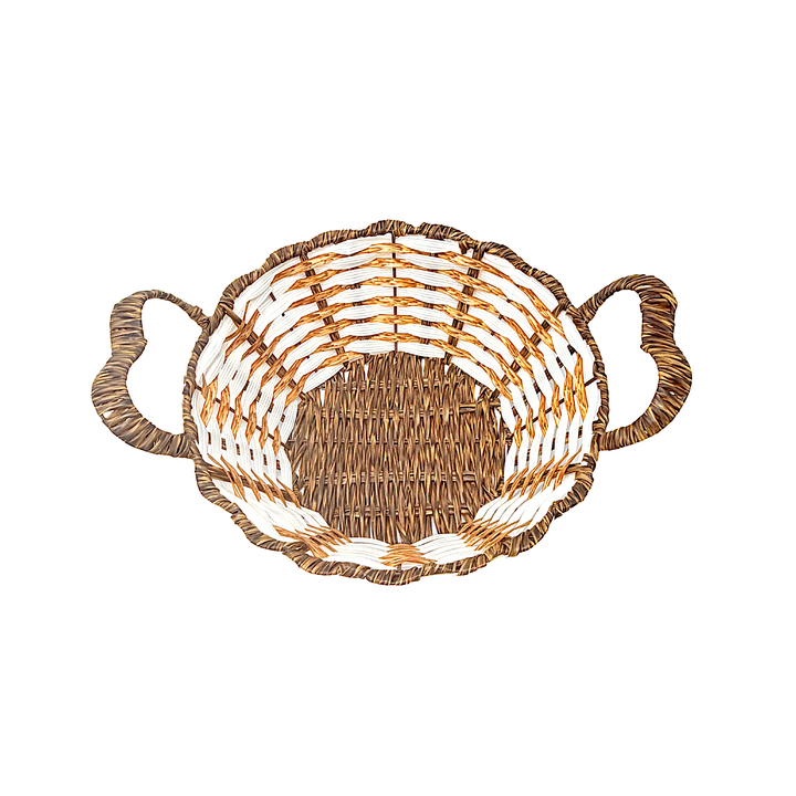 Mkaurs Round Woven Offwhite and Brown Wicker Basket with Handles
