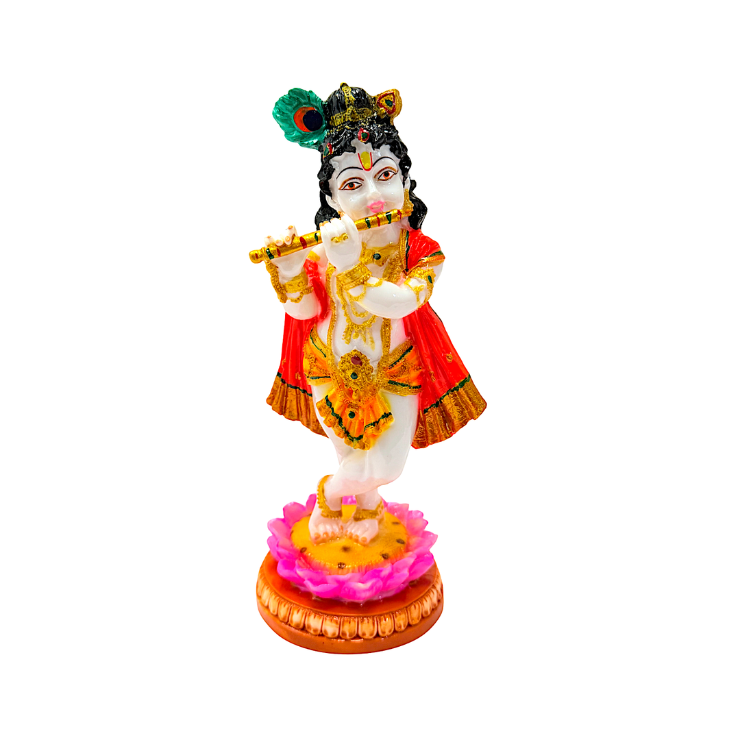 Lord Krishna with Flute White and Gold, Colorful Marble Dust, 8 Inch Idol
