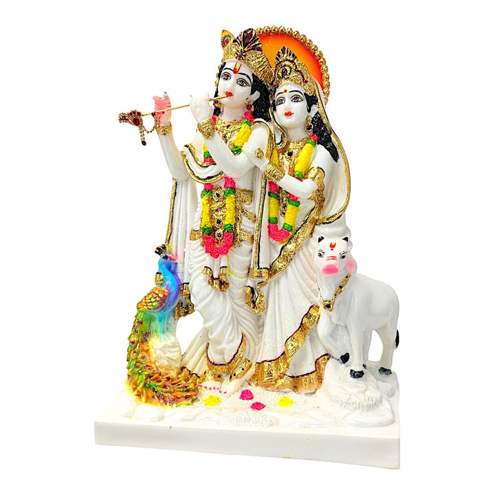 Radha Krishna White Marble Dust Murti 12" — Handcrafted Idol with Gold Detailing | Home Mandir Statue