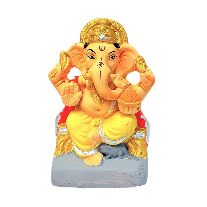 Eco Friendly Ganesha 6" — Clay Ganpati Murti with Modak Basket (Colors may vary)