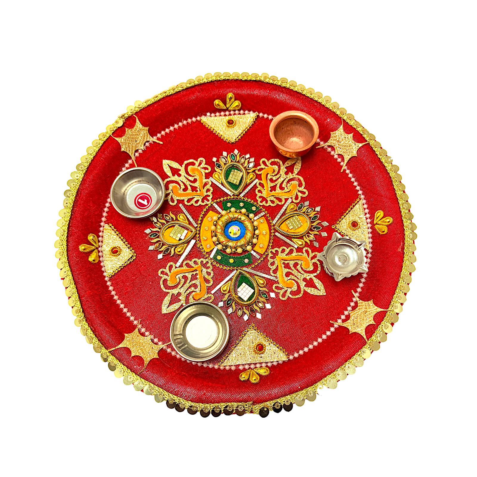 Puja Thali (tray) with Diya Copper Lota and 2 Diyas 12.5 Inch Assorted Designs